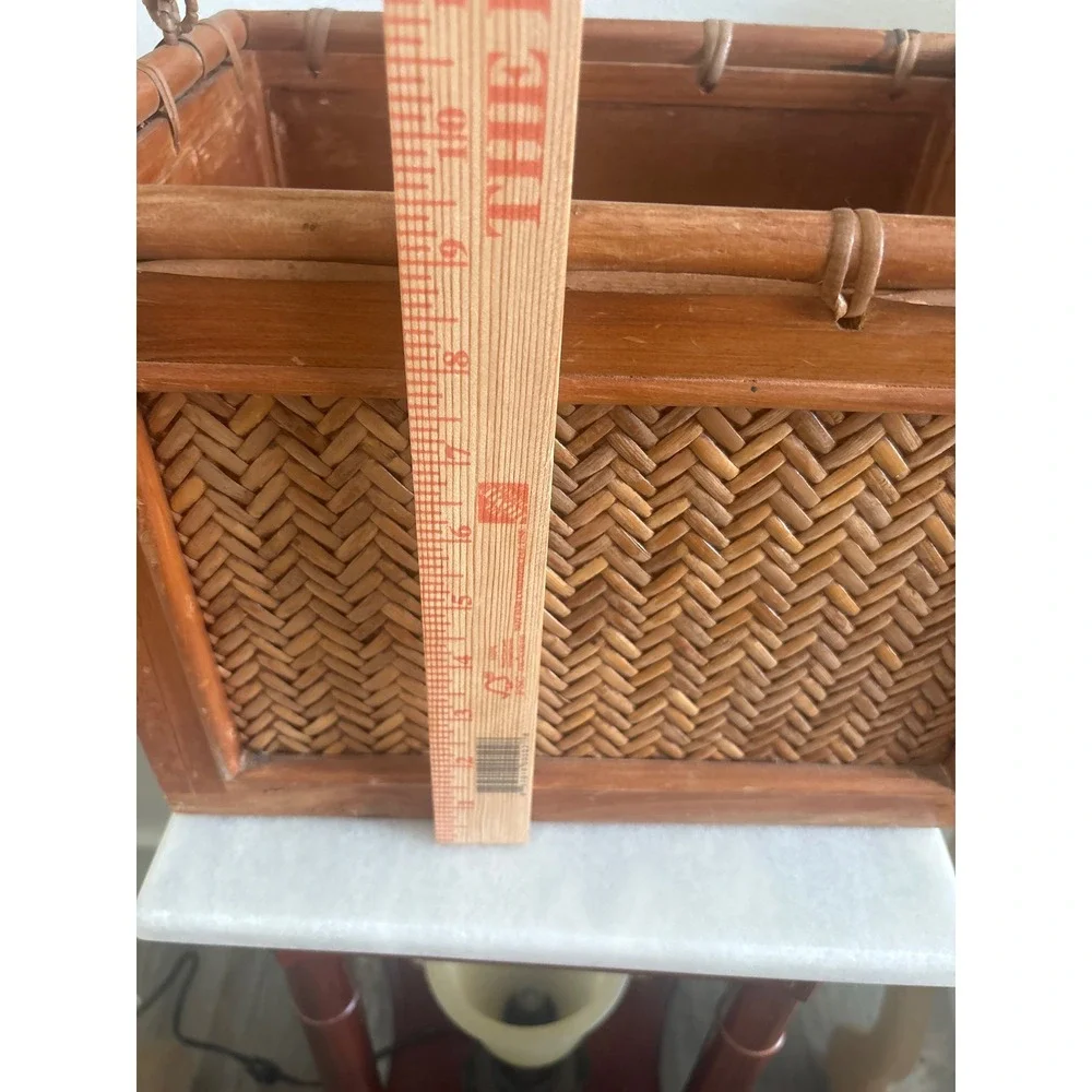 Vintage Woven Rattan Bamboo Wood Rectangular Basket w/ Bamboo Swing Handles MCM